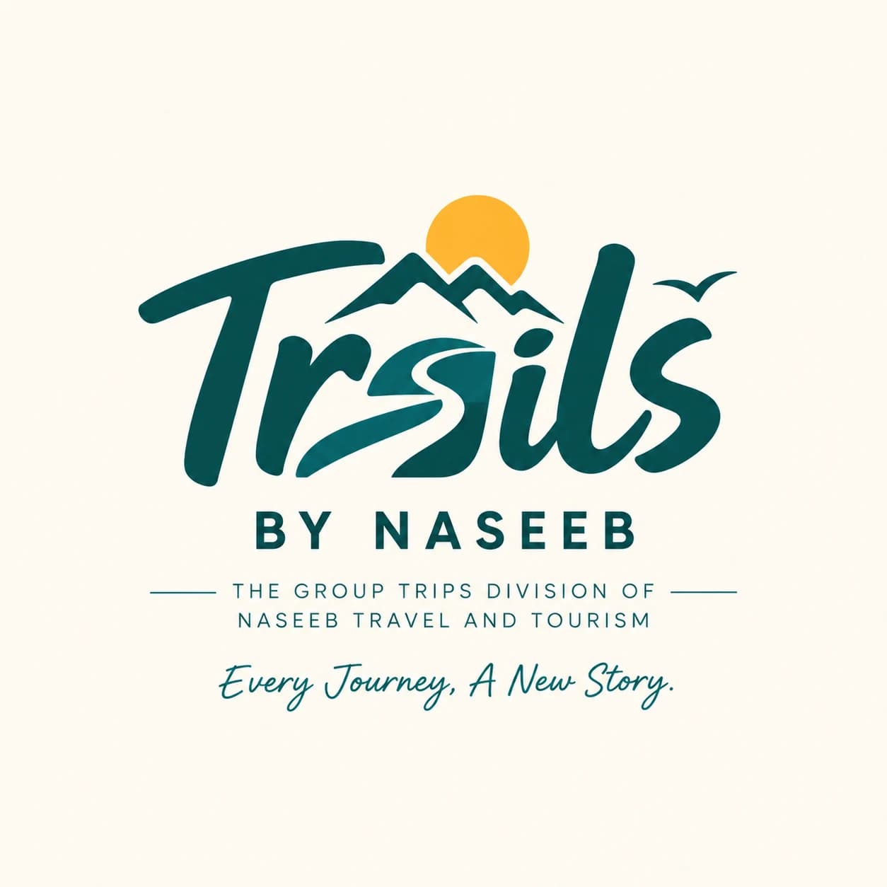 Trails by Naseeb logo, featuring a journey path, mountains, and a rising sun